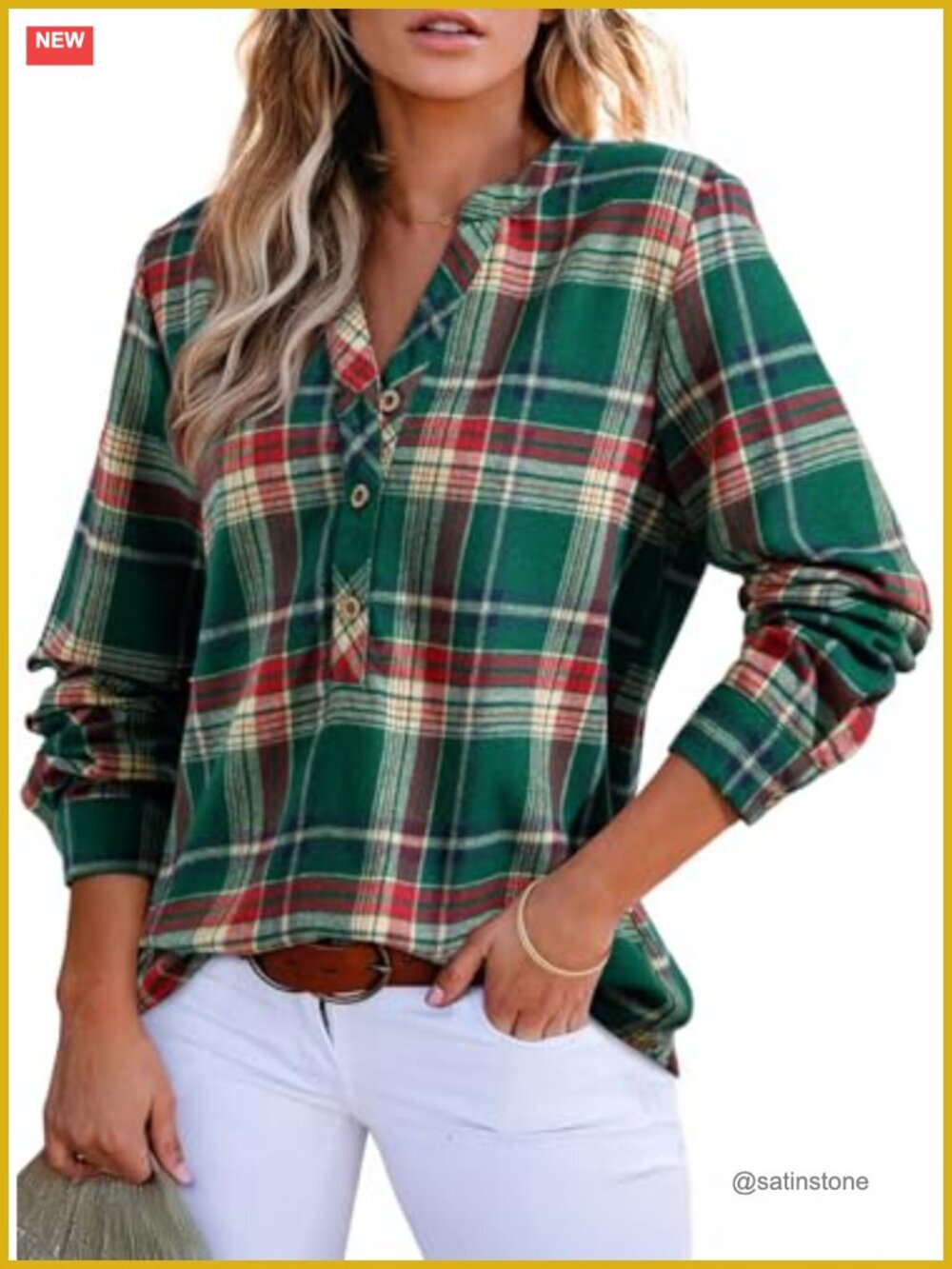 Women's V-Neck Plaid Flannel Button Down Shirt Long Sleeve